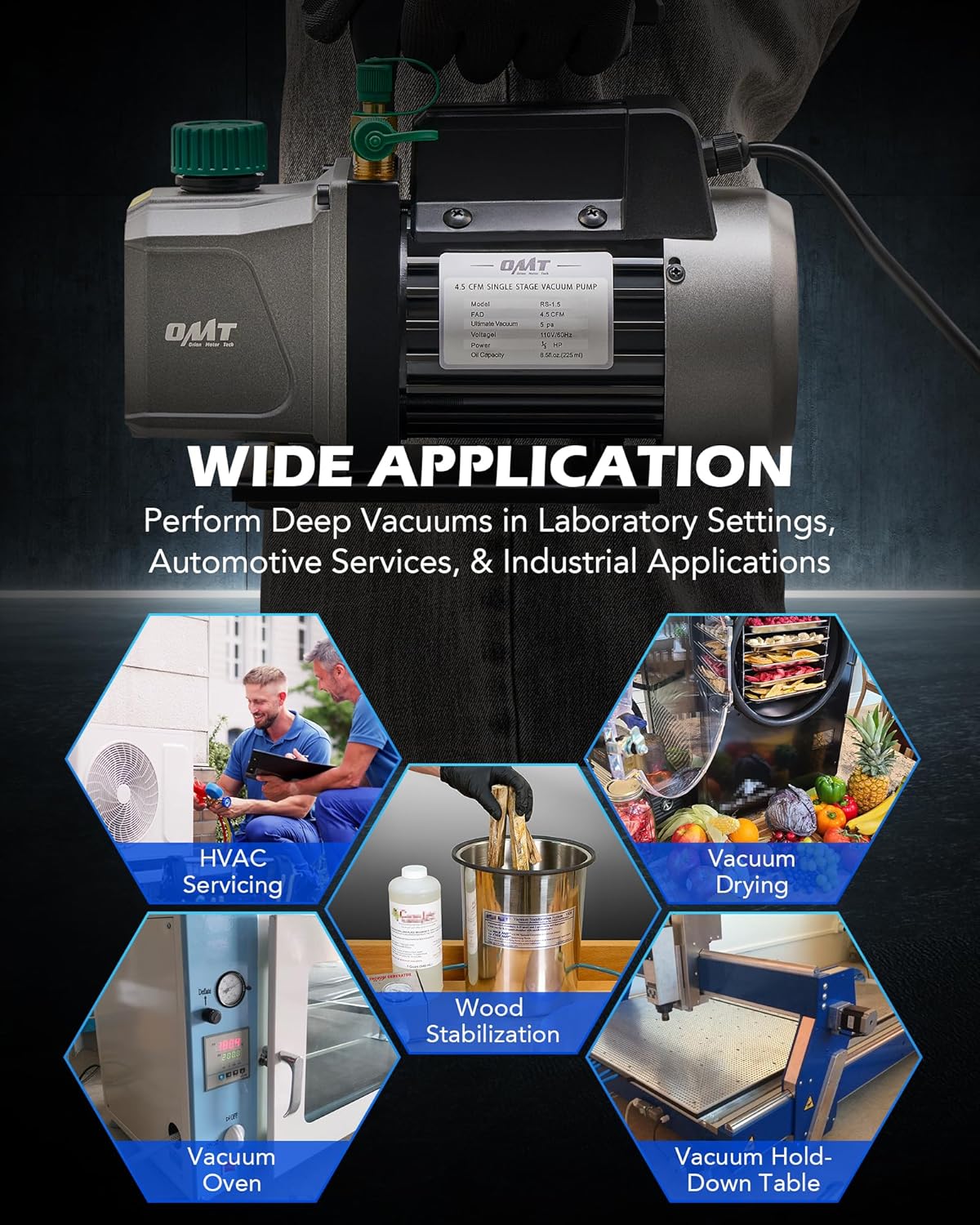 Orion Motor Tech Vacuum Pump, 4.5 cfm 1/3 hp HVAC Single Stage Vacuum Pump for R12 R22 R134a R410a R502, Auto AC Vacuum Pump Kit for Automotive Air Conditioner Resin Degassing & More, Oil Included